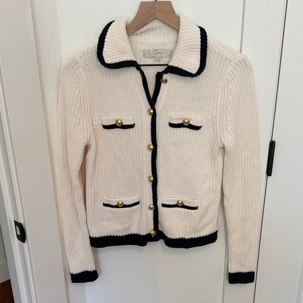 LOFT Cream Knit Cardigan with Black Trim and Gold Buttons